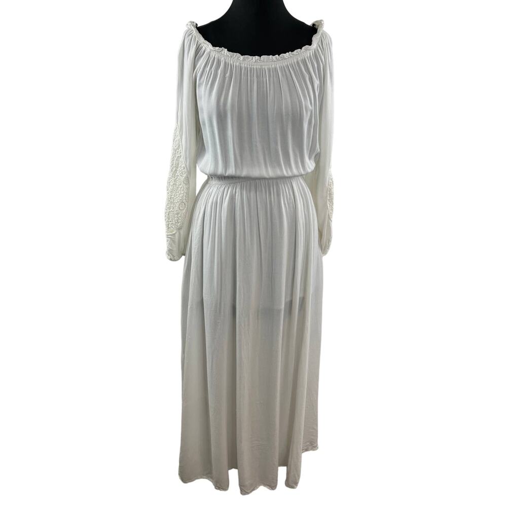 Forever 21 White Long Sleeve Lace Inset Boat Neck Blouson Maxi Dress Boho M